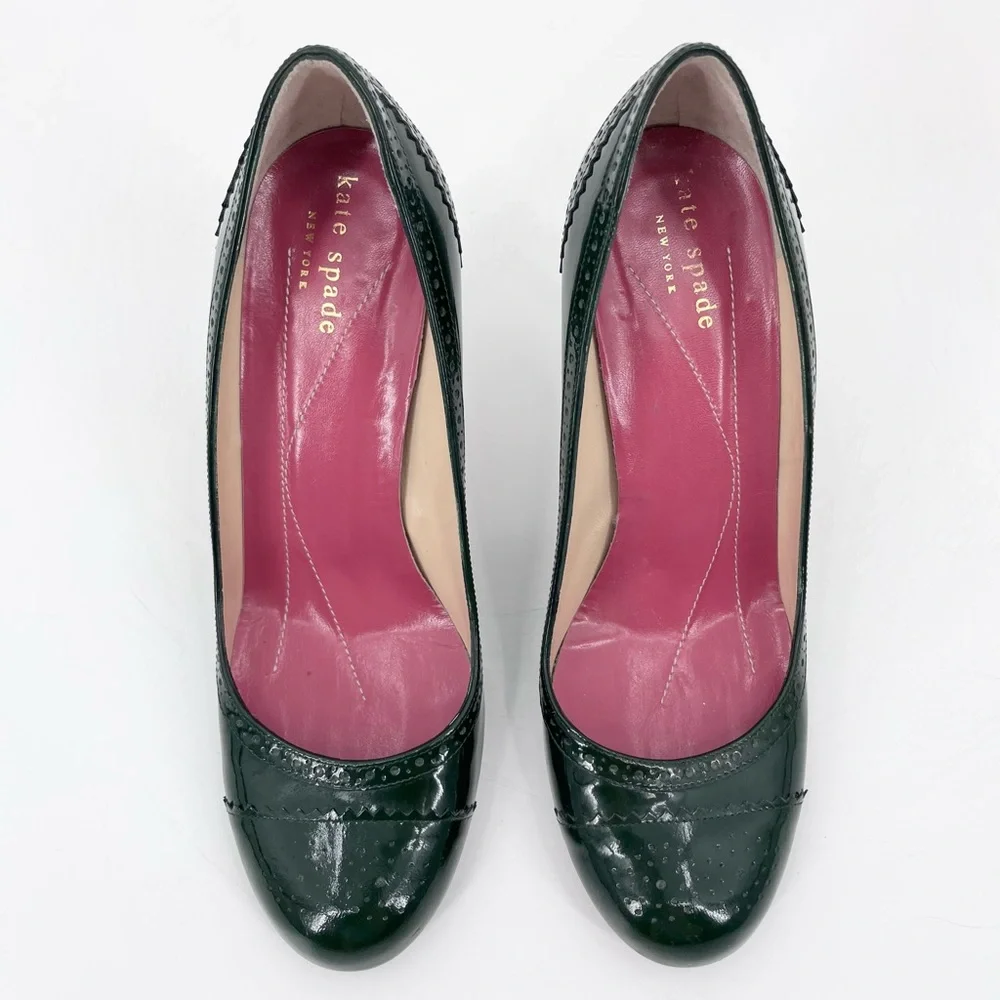 Kate Spade Rich Green Patent Leather Brogue Round Toe High Heels Size 7